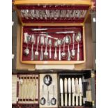 A collection of plated flat wear to include wooden cased cutlery,