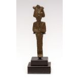 Egyptian Bronze Osiris Statuette Mounted on Custom Made Stand Late Dynastic Period, 664 – 332 BC. An