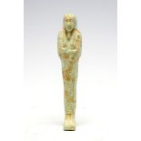 Egyptian Faience Shabti Figure Third Intermediate Period, C. 730 BC. A light green glazed faience