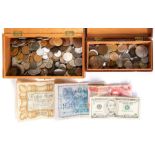 Two boxes of assorted coins with banknotes and WW2