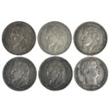 French 4 Francs coins; 1811, 1867A x2, 1868BB x2,