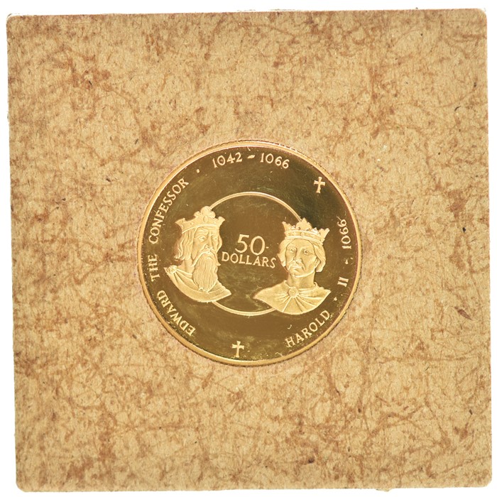 Gold Cayman Islands 50 Dollars 1980 in plastic cas