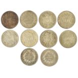 France 5 Francs; 1828w, 1847, 1868 x3, 1869 x3, an
