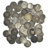 USA 3 Cents x2, Half Dimes x6, Dimes x50, other x7