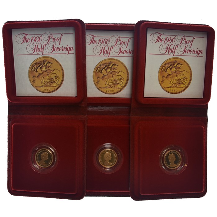 Three proof half sovereigns, 1980 with certificate