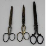 **REOFFER JAN ETWALL £100/£150** Three 19th century Swedish steel and gilded scissors, two decorated