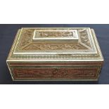 A 19th/early 20th century Anglo-Indian hardwood carved ivory box, with inlaid sandalwood