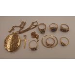 A collection of gold rings, including an 18ct gold ring (stone missing) weight approx 3.