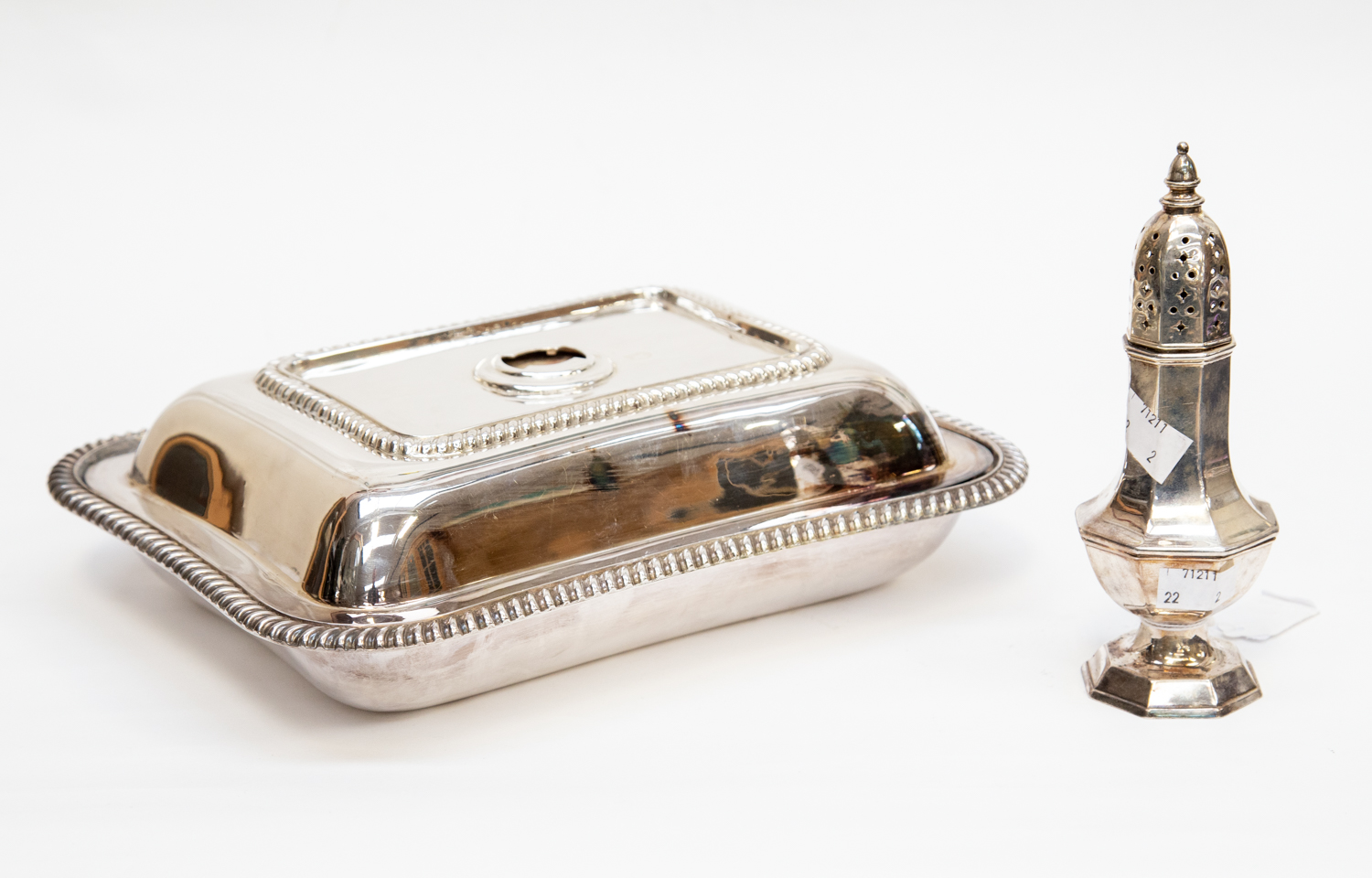 A Silver plated covered dish and a Silver plated sugar shaker