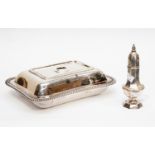 A Silver plated covered dish and a Silver plated sugar shaker