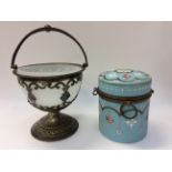 French cerveau blue opaque glass canister with enamel painting and with gilt metal fittings