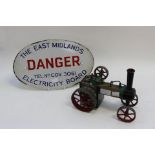 Live steam road roller Mamod and an enamel sign Danger