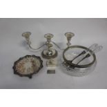 Cut glass salad bowl, with matching servers, plated collar and cuffs, salver, small boxes,