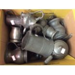 Assorted box of 18th/19th Century pewter wares to include jugs/measures etc