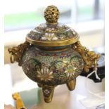 A 19th Century Chinese gilt cloisonne censer and cover, cloud pierced finial, ring twin handles,