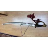 US Pattern sword with brass guard. 91cm curved single edged blade marked "C&J".