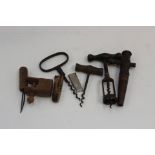 19th Century corkscrews, treen clamp, keg tap and threading bodkin,