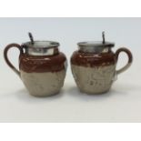 Bourne Denby, Pair of Denby Colours sprigged with mustard/sauce pots with EPNS lids,