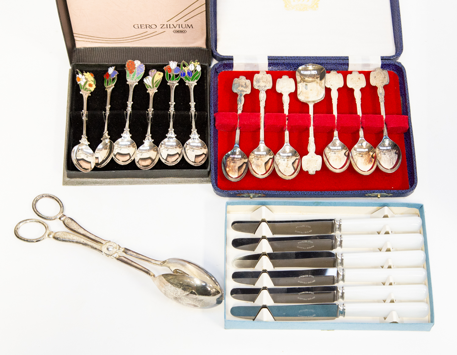 Silver/enamel spoons, plated cutlery,