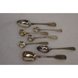 Silver spoons, salt spoons, sugar spoon and teaspoon, George III and Victorian 3.81troyoz, 118.