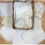 A collection of linen and lace to include: heavily starched Damask large tablecloth, 1920's,