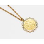 A Victorian gold Sovereign, dated 1892 in pendant mount suspended on 9ct chain,