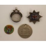 Newark silver token for 1 shilling, a Coldstream Guard brooch an enamelled silver threepence,