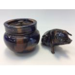 A 19th Century tortoiseshell glaze tobacco jar and a pig money bank (af)
