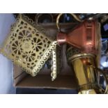 Brass spirit kettle and stand, pair of brass trivets, further assorted brass and copper,