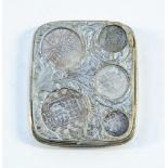 A late Victorian silver plated coin holder, complete with associated coins,