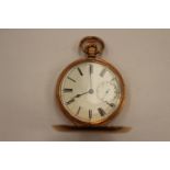 9ct Gold pocket watch with white enamel dial with Roman numerals. Separate seconds dial.