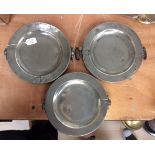 Three 18th Century pewter plate warmers, one stamped London,