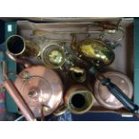 A collection of assorted brassware, and copperware including kettles, trench art vase,
