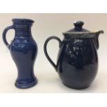 Bourne Denby, A Denby cottage blue coffee pot and a blue glazed tall handled vase,