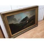 A large oil on canvas of mountainous / lakeside scene with sailing boat on water,