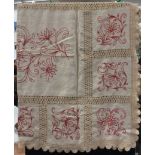 A hand embroidered cloth on natural linen with strips and edging of crochet,