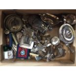 A box of assorted silver plated items and silverware,