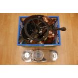 One assorted box of Victorian / Edwardian metal wares, to include a large copper water jug,