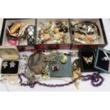 Oriental three drawer vanity box containing ladies costume jewellery, some silver,
