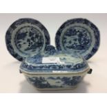 Blue and white dish cover and two blue and white plates (18th Century tin glaze)