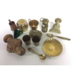 A quantity of brasswares, miniature miners lamp, lidded trinket box,