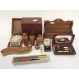 A collectors lot including sharing set; letter rack; inlaid box of cards leather box;