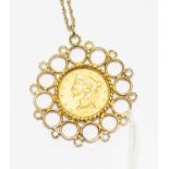 A USA Five dollar piece 1908 mounted within pendant setting (removable) and with chain,