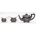 Three piece silver tea set, comprising tea pot, milk and sugar, total weight approx 29.