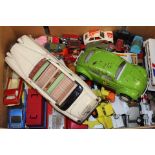 Three boxes of playworn die cast and tinplate model cars.