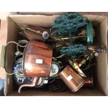 A collection of brass and copper ware including horse brasses, tankards, kettle, small bed warmer,