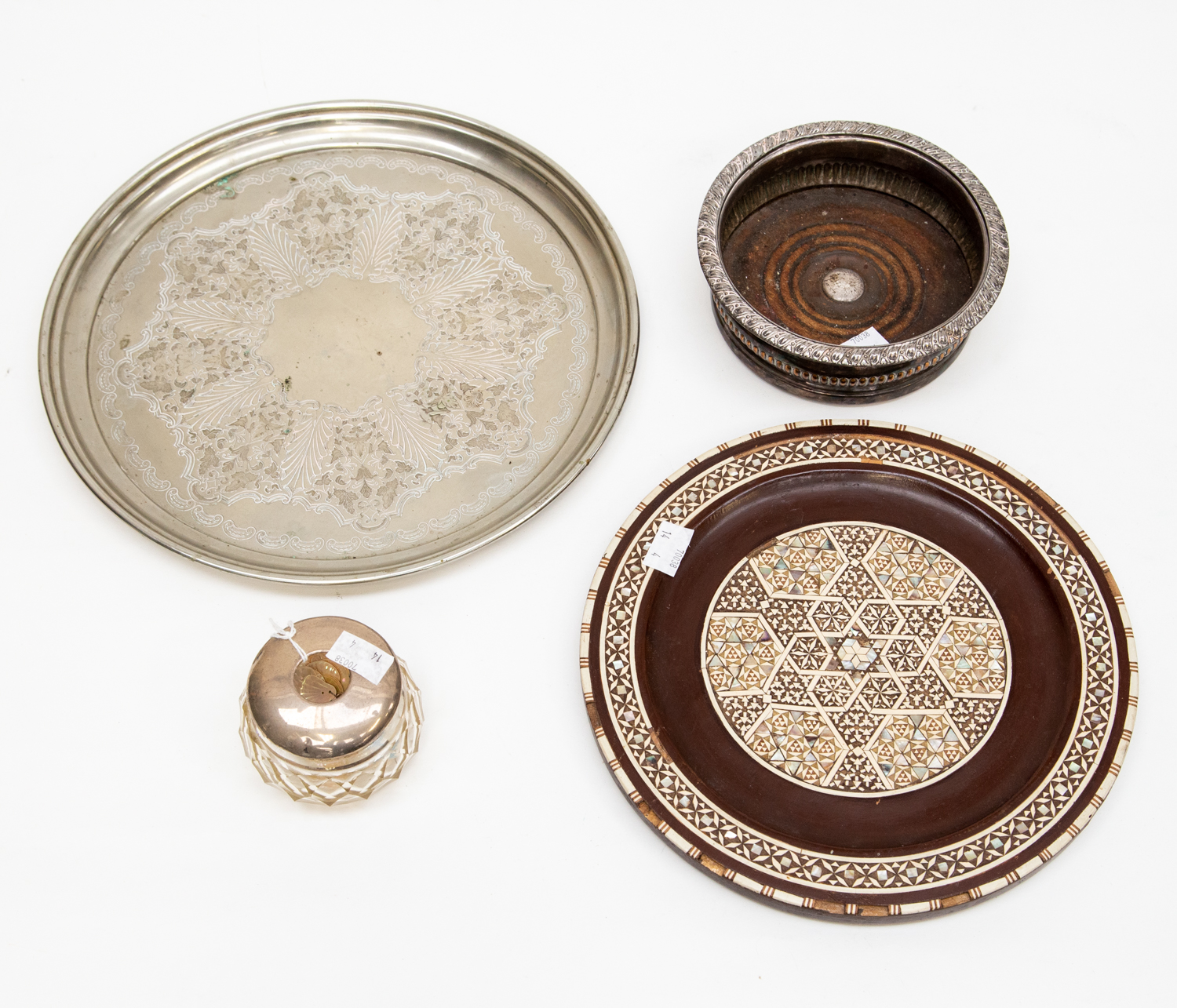 Anglo Indian marquetry inlaid coin dish, silver plated wine coaster,