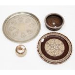 Anglo Indian marquetry inlaid coin dish, silver plated wine coaster,