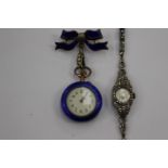 A silver and blue enamel nurses fob watch, manual movement,