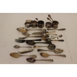 Napkin rings, sugar tongs, pen knife (mother of pearl casing) odd Georgian spoons, pickle fork, etc,